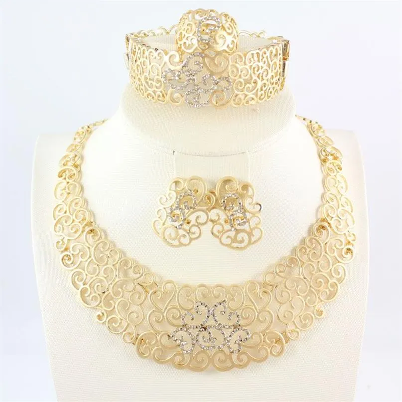 Afrikanische Schmuck-Sets Mode 18K Gold Überzogene Blume Strass Halskette Ring Armband Ohrring Braut Hochzeit Party Set2578