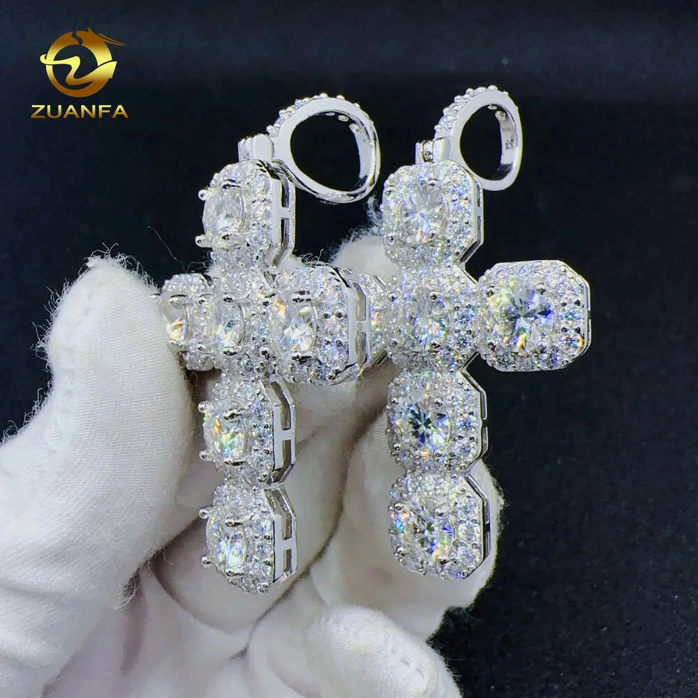 Zuanfa smycken 100% passestare Hip Hop 925 Sterling Silver Classics Cross Design Cluster VVS Moissanite Pendant