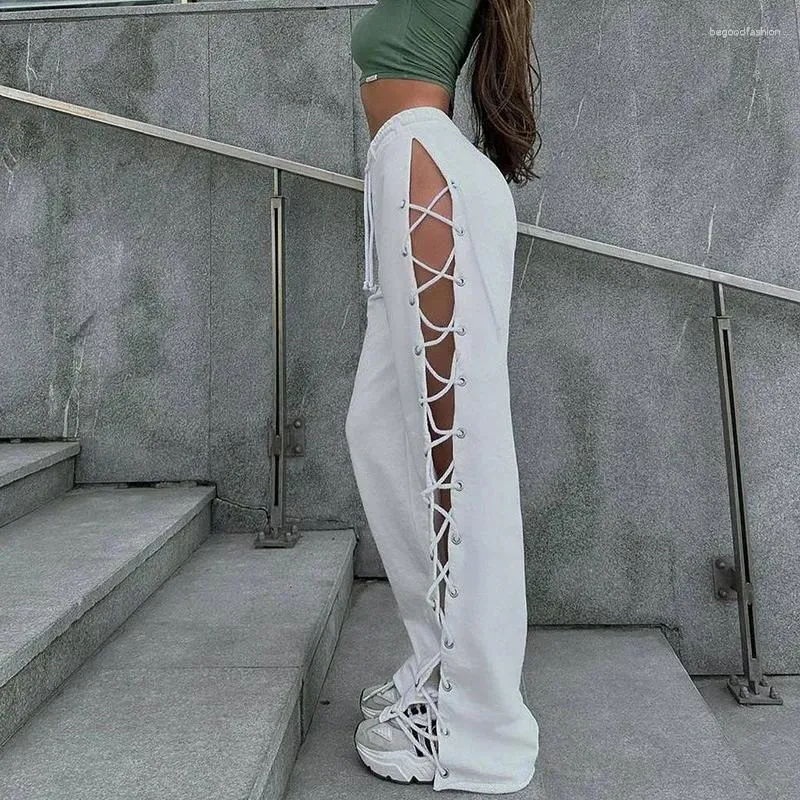 Women's Pants White Hollow Out Sweatshirt For Women Fashioh Bandage High Waist Trousers Autumn Winter Wide Leg Pant 2023 Streetwear