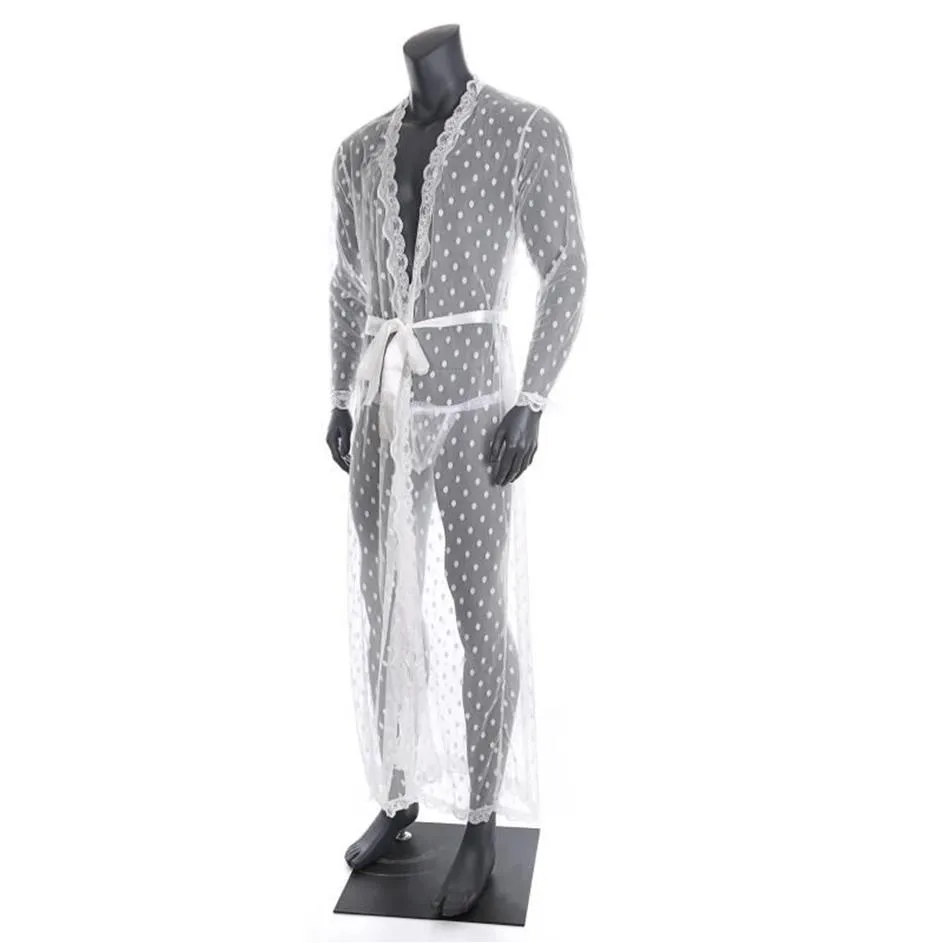 Mens Sleepwear Sexy Long Robe Transparent Lace Cardigan Bathrobe One-piece Lungewear Nightwear With T-back Belt Men's2222