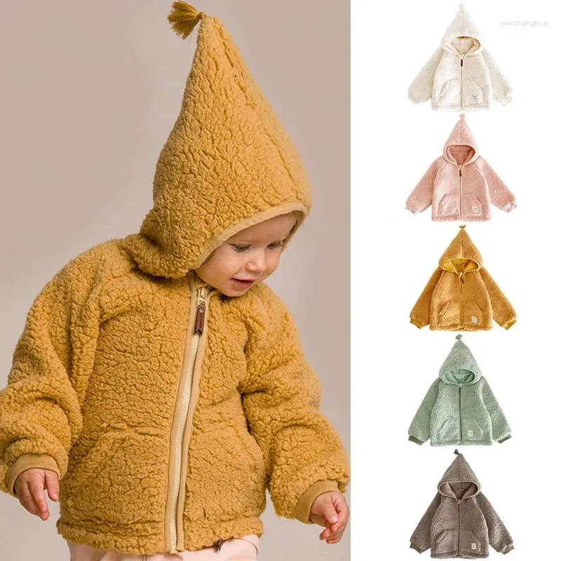 Jackor koreanska barn 2023 vinter barnkläder plysch huva kofta mjukt varm vävt fleece -kappa för baby pojkar flickor