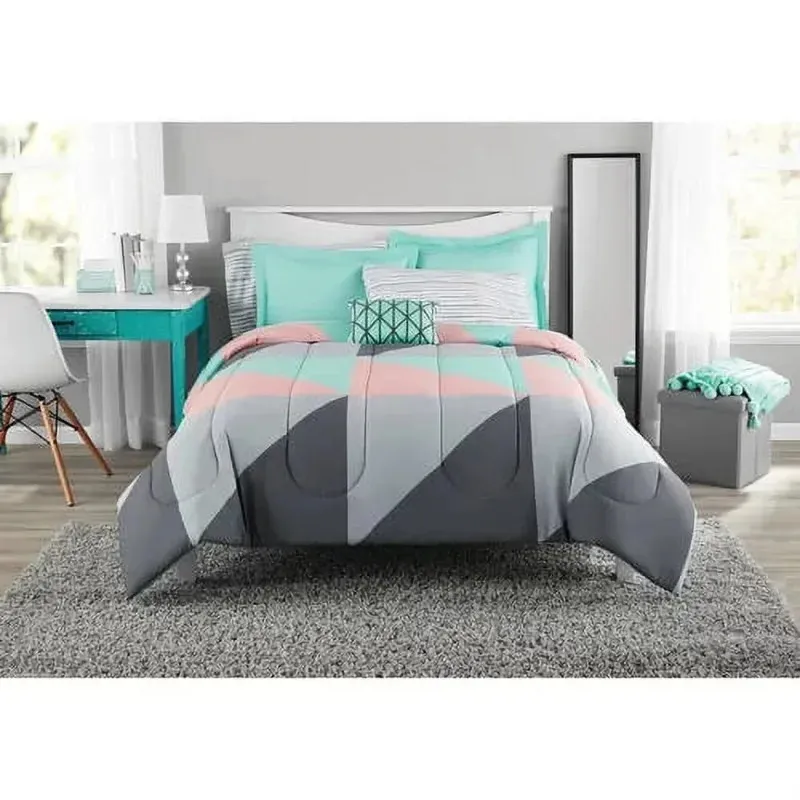 Set biancheria da letto Set piumino geometrico da 8 pezzi grigio e verde acqua in borsa con lenzuola complete 231030