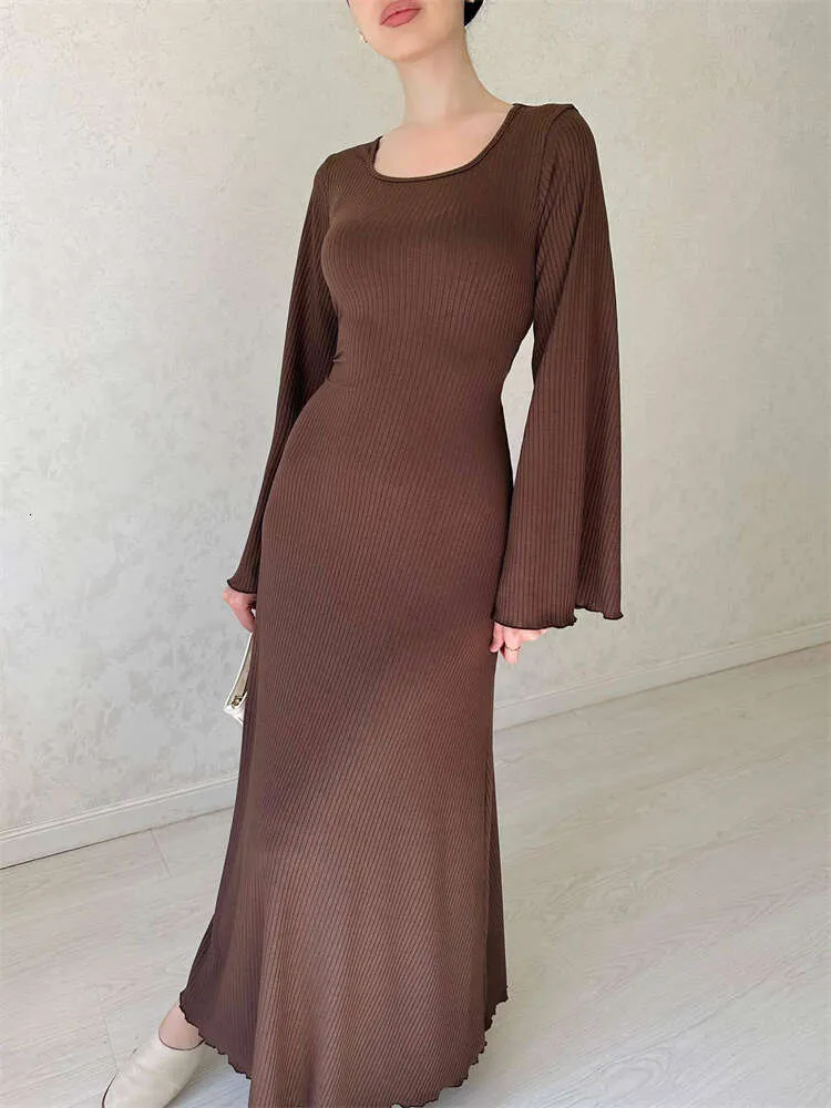 Robe Maxi noire côtelée pour femmes, ample, Slim, taille haute, décontractée, élégante, manches longues, fête, automne