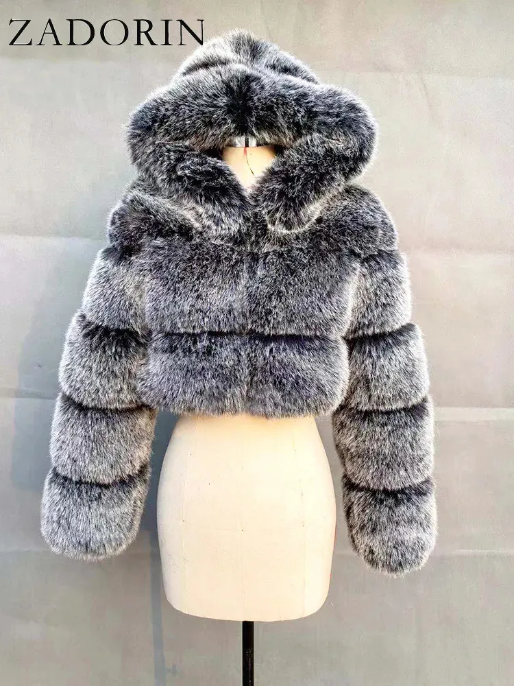 Womens Fur Faux Zadorin Alta Qualidade Peludo Cropped Casacos e Jaquetas Mulheres Fofo Top Coat com Capuz Jaqueta de Inverno Manteau Femme 231031
