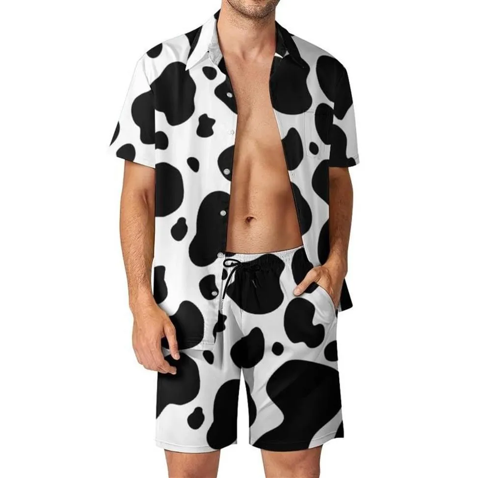 Мужские спортивные костюмы, черно-белые мужские комплекты с принтом коровы, повседневная рубашка с рисунком в виде пятен, Гавайские шорты для фитнеса и улицы, летний костюм 2 270o