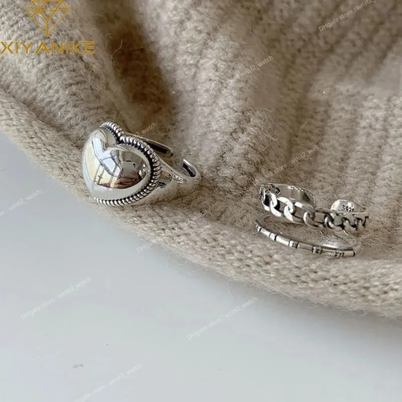 Zapobiegaj alergii srebrne pierścienie kolorów vintage prosta biżuteria z łańcuchem miłosnym dla kobiet para akcesoria na imprezę biżuterii mody pierścienie srebrny palcem miłość