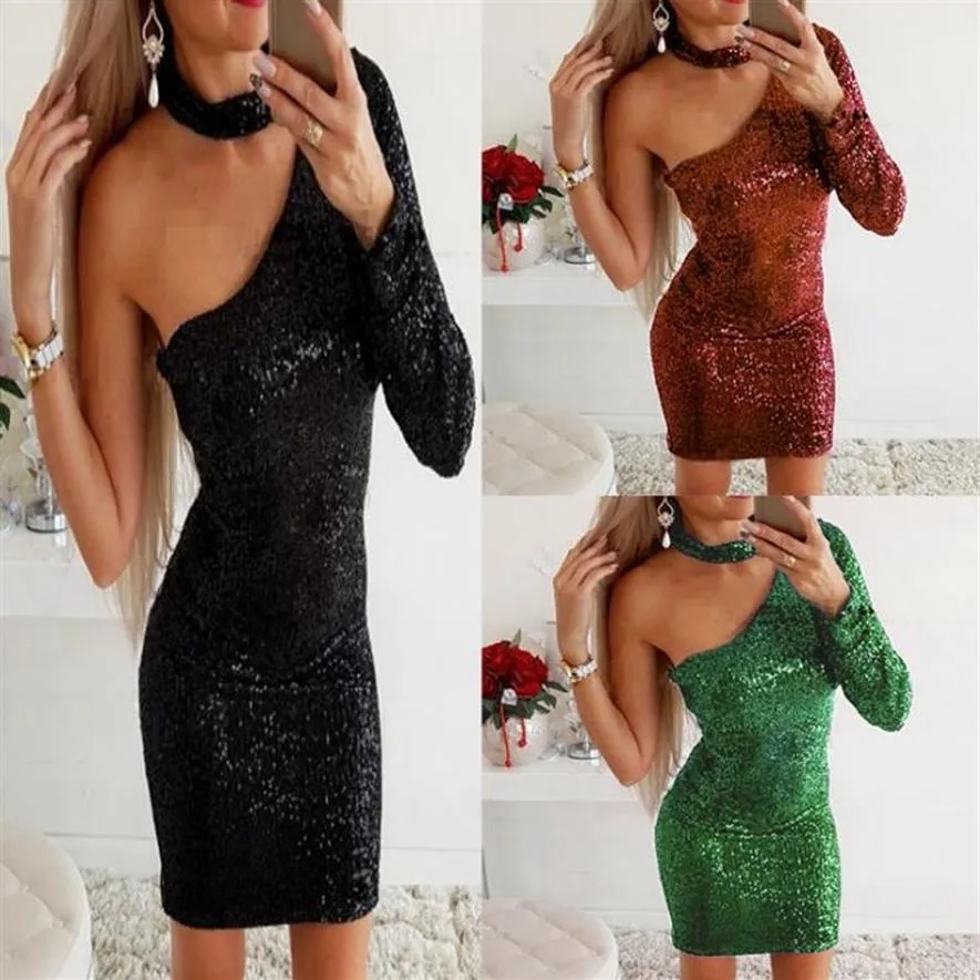 Casual Dresses Evening Party Women Black Shiny One Shoulder Dress Sexy BodyCon Club Metallic Glitter Mini Woman Clothes267e