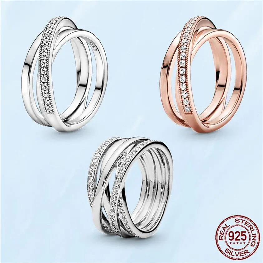 Zomer Nieuwe 925 Sterling Zilveren Crossover Pave Triple Band Ring Voor Vrouwen Bruiloft Mode Dame Sieraden Geschenken Vriendinnen Fit 223c