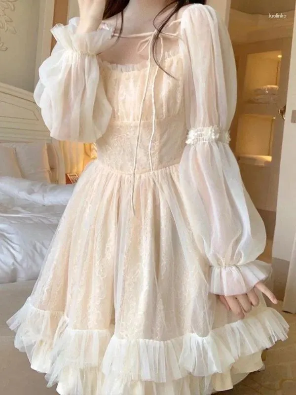 Casual Jurken Lolita Kawaii Prinses Jurk Vrouwen Lente Zomer Lange Mouw Korte Japanse Vierkante Kraag Ruches Geplooid