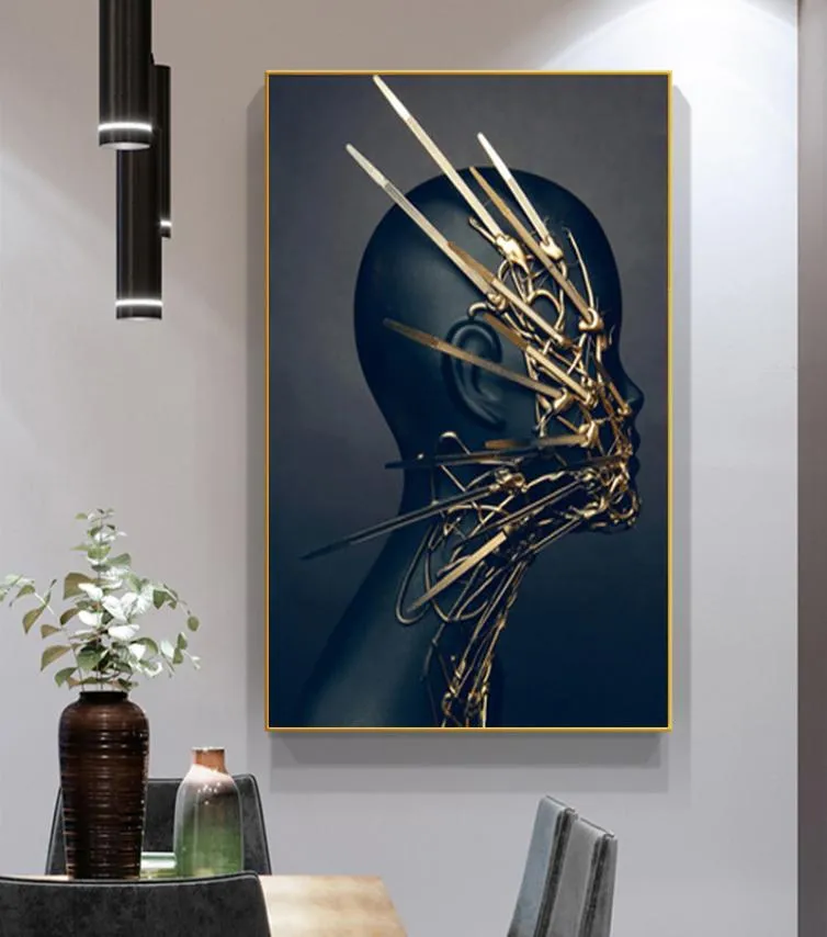 Schwarze Frau Gold abstrakte Malerei Leinwanddrucke Porträt Poster Wandkunst Bilder für Wohnzimmer Heimdekoration4549461