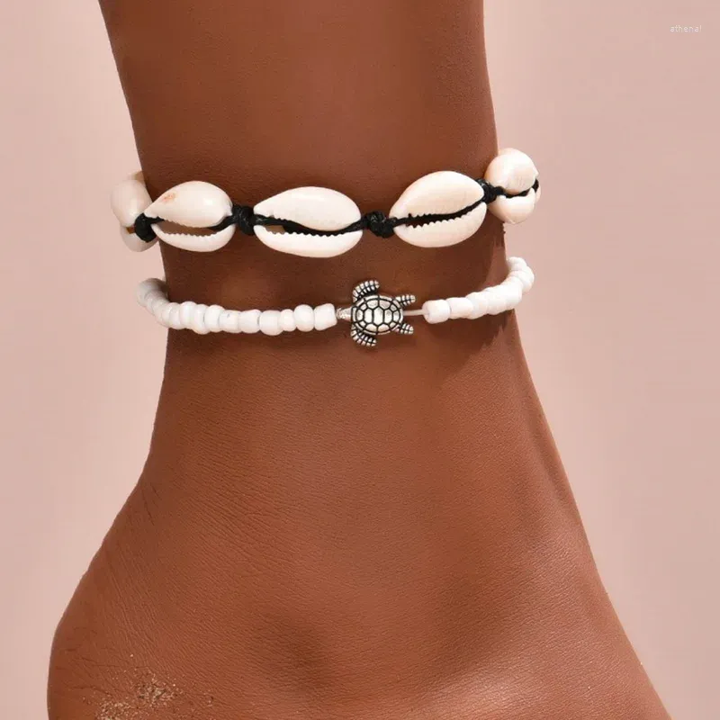 Fußkettchen Boho-Seestern-Muschelperlen-Fußkettchen-Armband am Bein, handgefertigt, geflochtenes Seil, barfuß, für Frauen, Kette, Strandschmuck