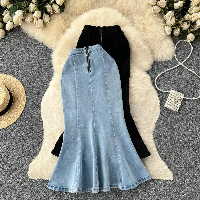 Kjolar kvinnor chic ruffle denim split kjol hög midja elegant koreansk mode trumpet söta höstkläder