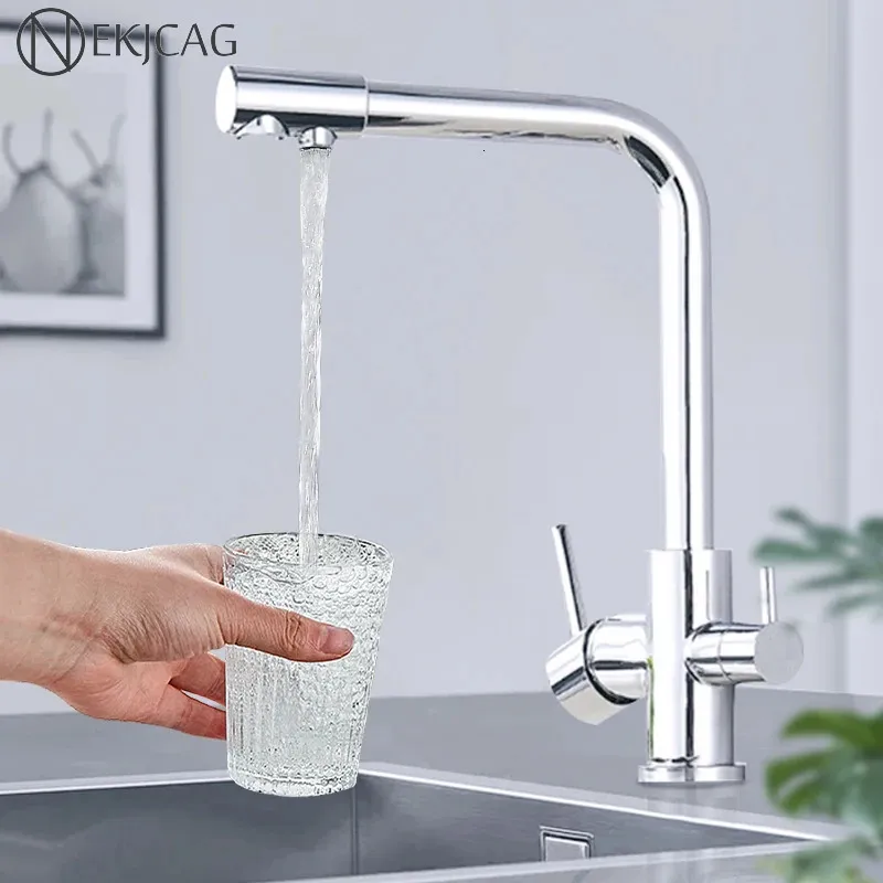 Rubinetti da cucina Rubinetto per acqua pura cromato Rotazione a 360 gradi Purificazione del filtro multifunzione Gru Doppi manici Miscelatori freddi 231030