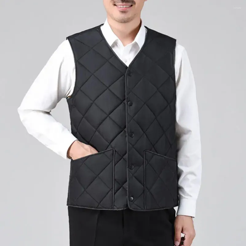 Men's Vests Solid Color Men Vest Winter Down Padding With Button Closure V-neck Cold-proof Sleeveless Jacket