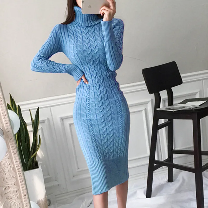 Frauen Pullover Kleid Elegante Herbst Winter Sexy Schlank Bodycon Kleider Rollkragen Einfarbig Dicke Warme Stricken Pullover Vestido 153