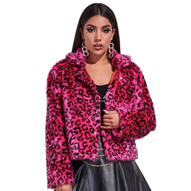 Abrigo de piel sintética de lujo para Mujer, chaqueta de Invierno con estampado de leopardo y cuello vuelto, prendas de vestir exteriores ajustadas para Mujer, Ropa de Invierno para Mujer 231030