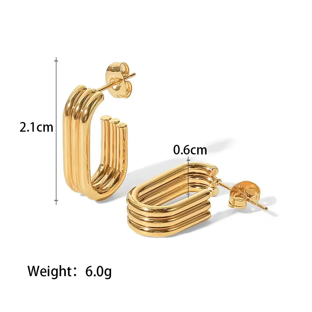 Multi-Layer Real Gold Plated 18k Titanium Steel Earrings Women's rostfritt stål Geometriska ovala studörhängen Kvinna