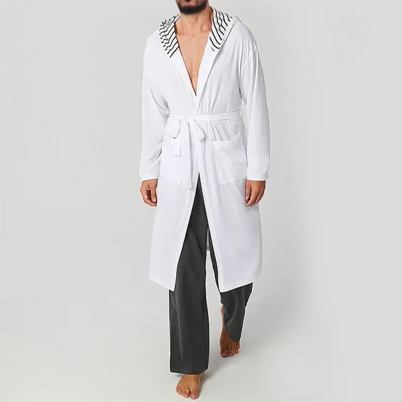 Men's Sleepwear Striped Hat Mens Light Solid Color Bathrobe Long Sleeve Split Mid Length Home Clothes Autumn/Winter Night Gown