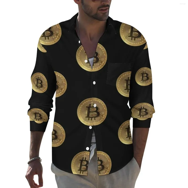 Men's Casual Shirts Crypto Shirt Men Gold Coin Print Autumn Y2K Graphic Blouses Long Sleeve Fashion Oversized Clothes Gift