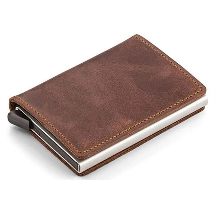 Card Holders Automatic Vintage Men's Genuine Leather Holder Retro Aluminum Alloy Business Male ID Cardholder Mini Wallet Purs260S