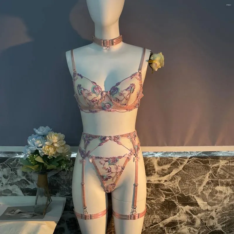 Bras Sets Lady's Fantasy Lace Garter Belt Lingerie With Bra And Panty Set  Sexy Underwear Women 4 Piece Honeymoon Intimate Desire Girl