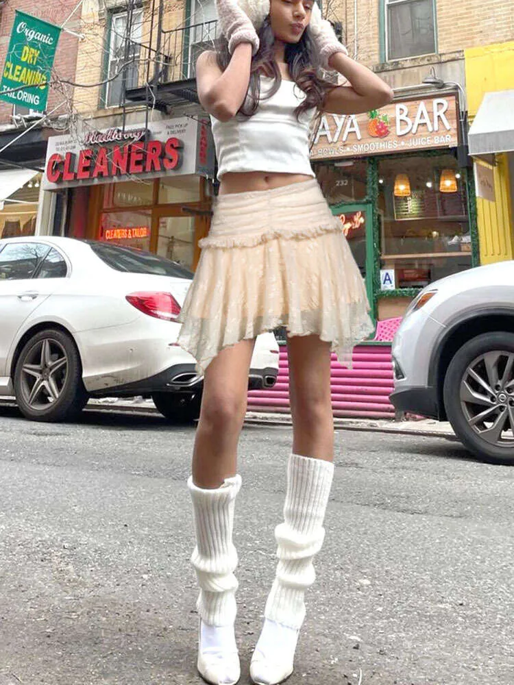 Плиссированная юбка нерегулярной формы с кружевным краем для женщин, облегающая повседневная мини-юбка Faldas Mujer, однотонная уличная одежда Y k, женские юбки с низкой талией
