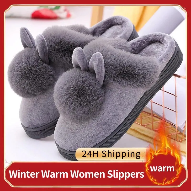 Slippers Fluffy Home Dames Winter Warme oren Vrouwelijke harige pluche huis Indoor Casual zachte schoenen