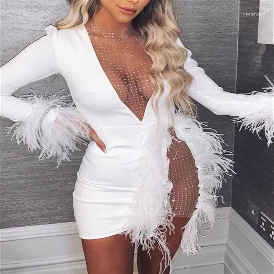 Casual Dresses Mesh Inserted Embellished Party Dress Sexy Women See Through Nightclub White Feather Mini113073