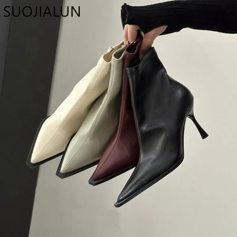 Sapatos de vestido Suojialun marca mulheres tornozelo botas moda apontou toe lados zíper senhoras elegante bota curta fina salto alto chelsea sho 231031
