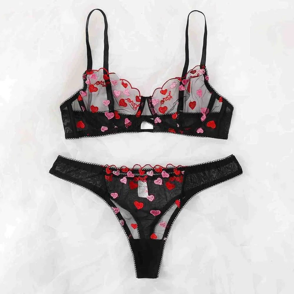 Heart Shaped Embroidered Bra And Brief Set Back For Women Sexy