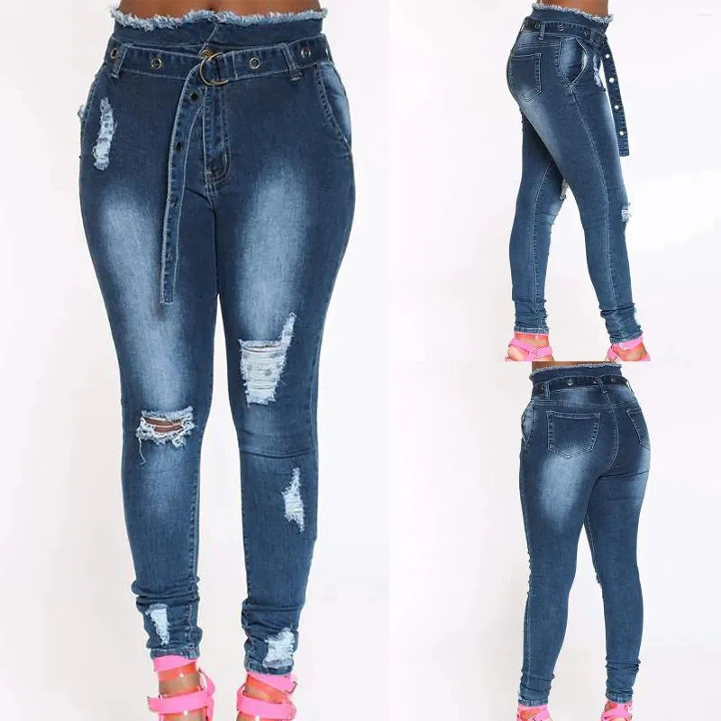 Jeans pour femmes Baggy Femmes Slim Plus Taille Trou déchiré Dégradé Long Denim Y2K Fit Pantalon régulier Pantalon élastique