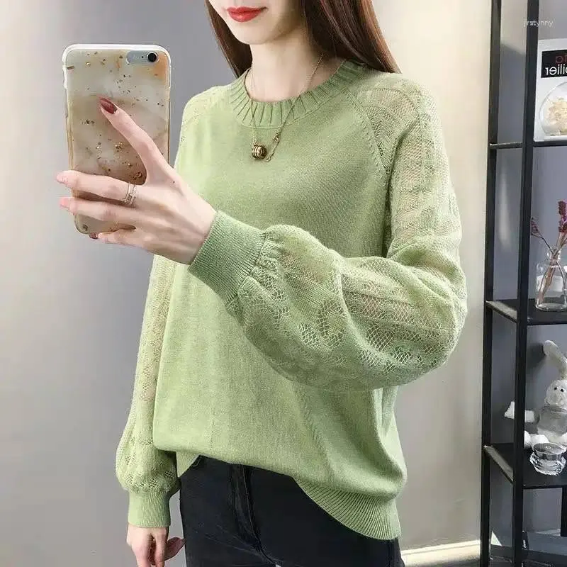 Damenpullover mit rundem O-Ausschnitt, gestricktes Oberteil für Damen, grüner grafischer Pullover, Damen, Y2k, Vintage, warm, koreanischer Modetrend, 2023, Kleidung der 90er Jahre