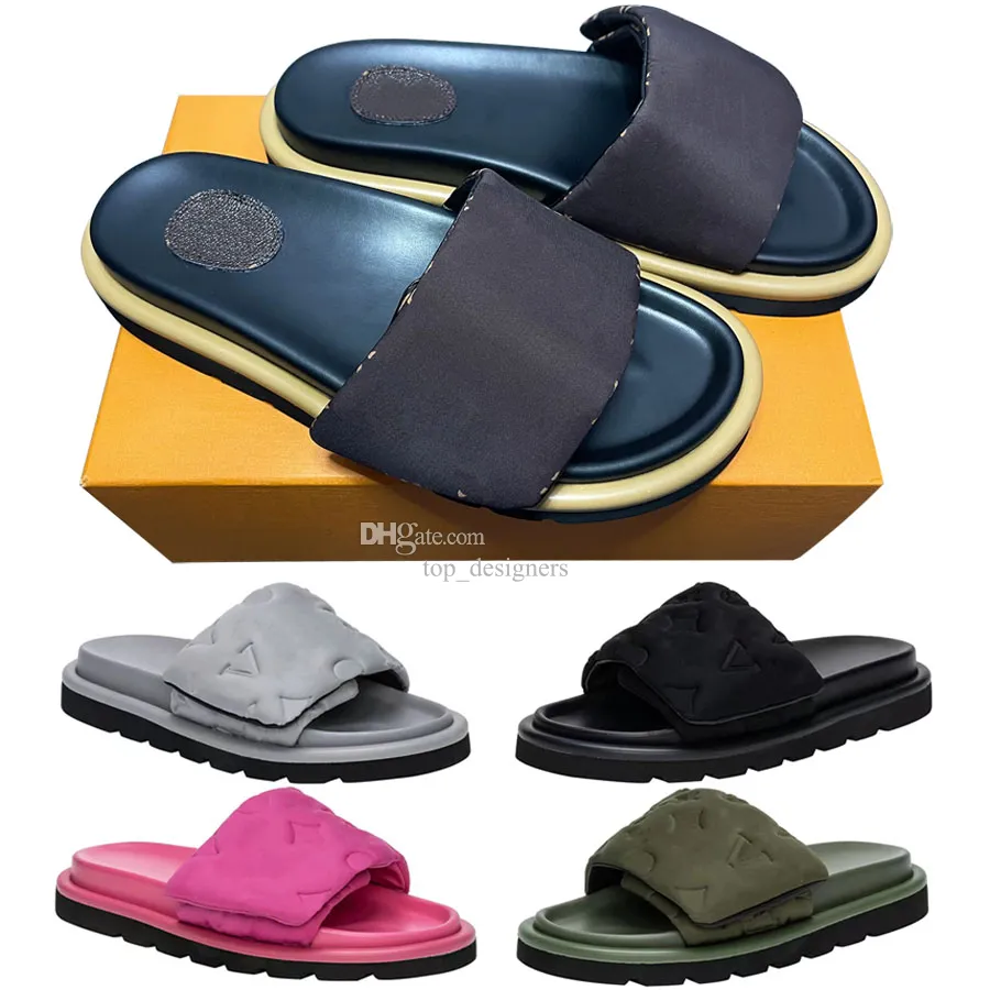 Piscine Oreiller Sandales Designer Diapositives Femmes Hommes Mules BOM DIA Pantoufles Chaussures de plage de luxe réglables TOPDESIGNERS057