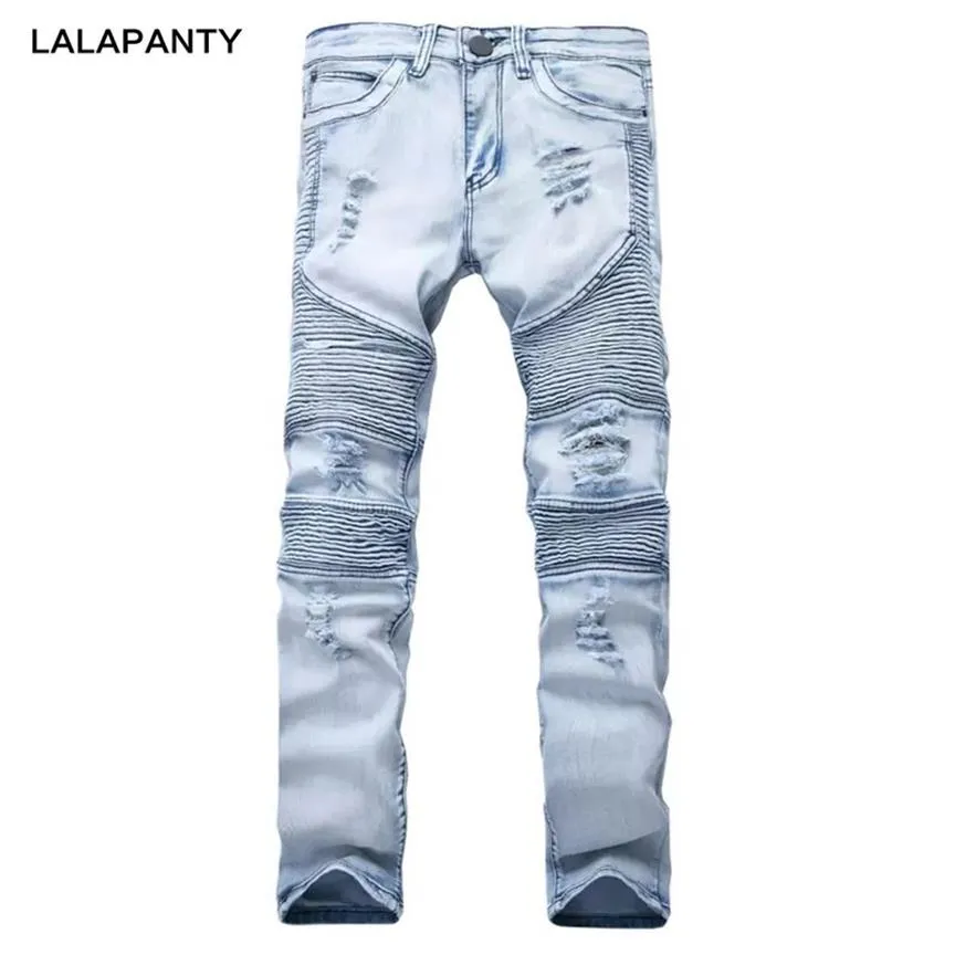 Lalapanty roupas jeans slp azul preto destruído dos homens magro denim reto motociclista magro jean jeans rasgado calças338w