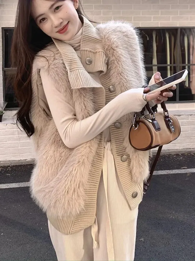 Womens Fur Faux Winter Vest Coat Women Sleeveless Casual Knitted Sweater Elegant Single Breasted Thick Warm Jacket 231031