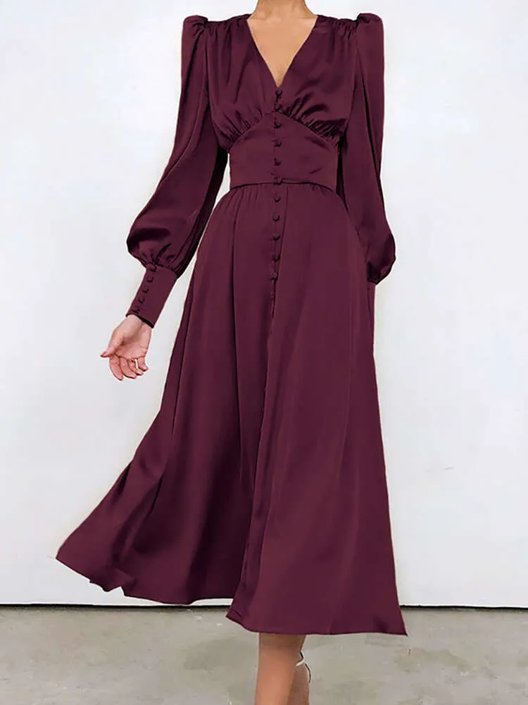 Robe longue de soirée élégante pour femmes, manches bouffantes, col en V, boutons, Sexy, Maxi, été