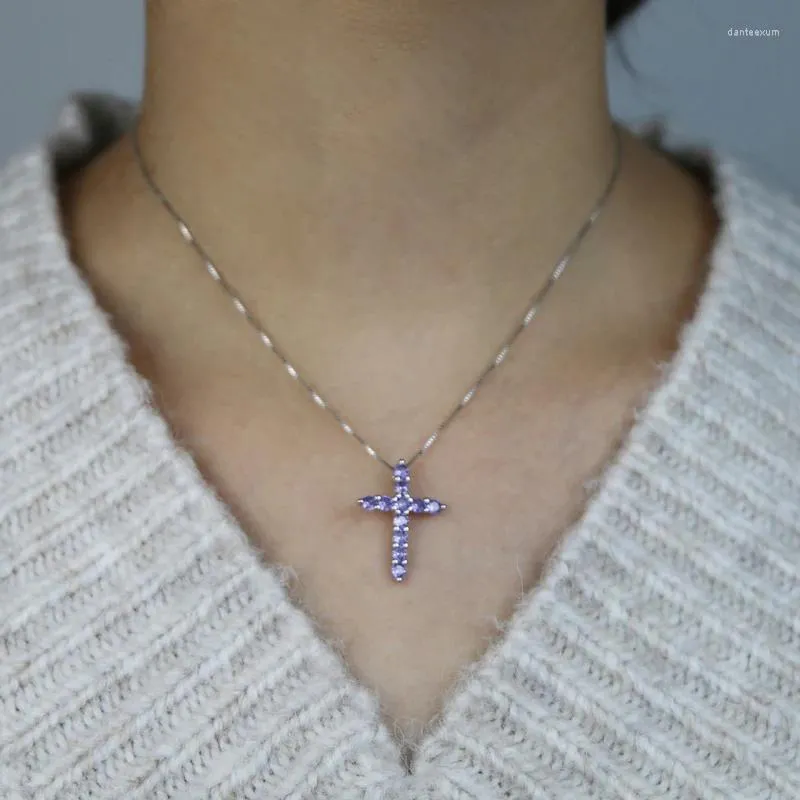 Hängen 925 Sterling Silver Classic Slim Box Chain Purple Blue Cubic Zirconia CZ Cross Pendant Necklace Girl Boy Jewelry