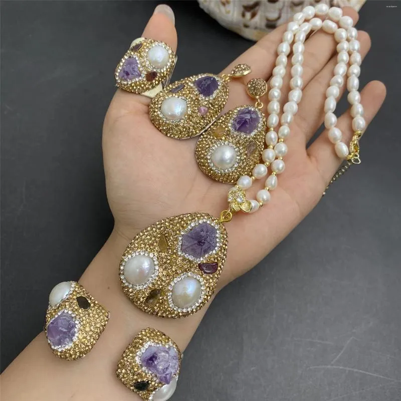 Necklace Earrings Set 2023 Natural Amethyst Pearl Ring Bracelet Pendant High Quality Fashion Luxury Jewelry