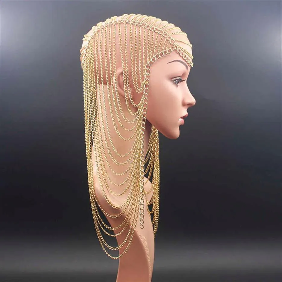 Chaîne de luxe en métal couleur or long gland Punk tête chaîne bijoux de cheveux pour les femmes fête de mariage accessoires de cheveux casque 210217C