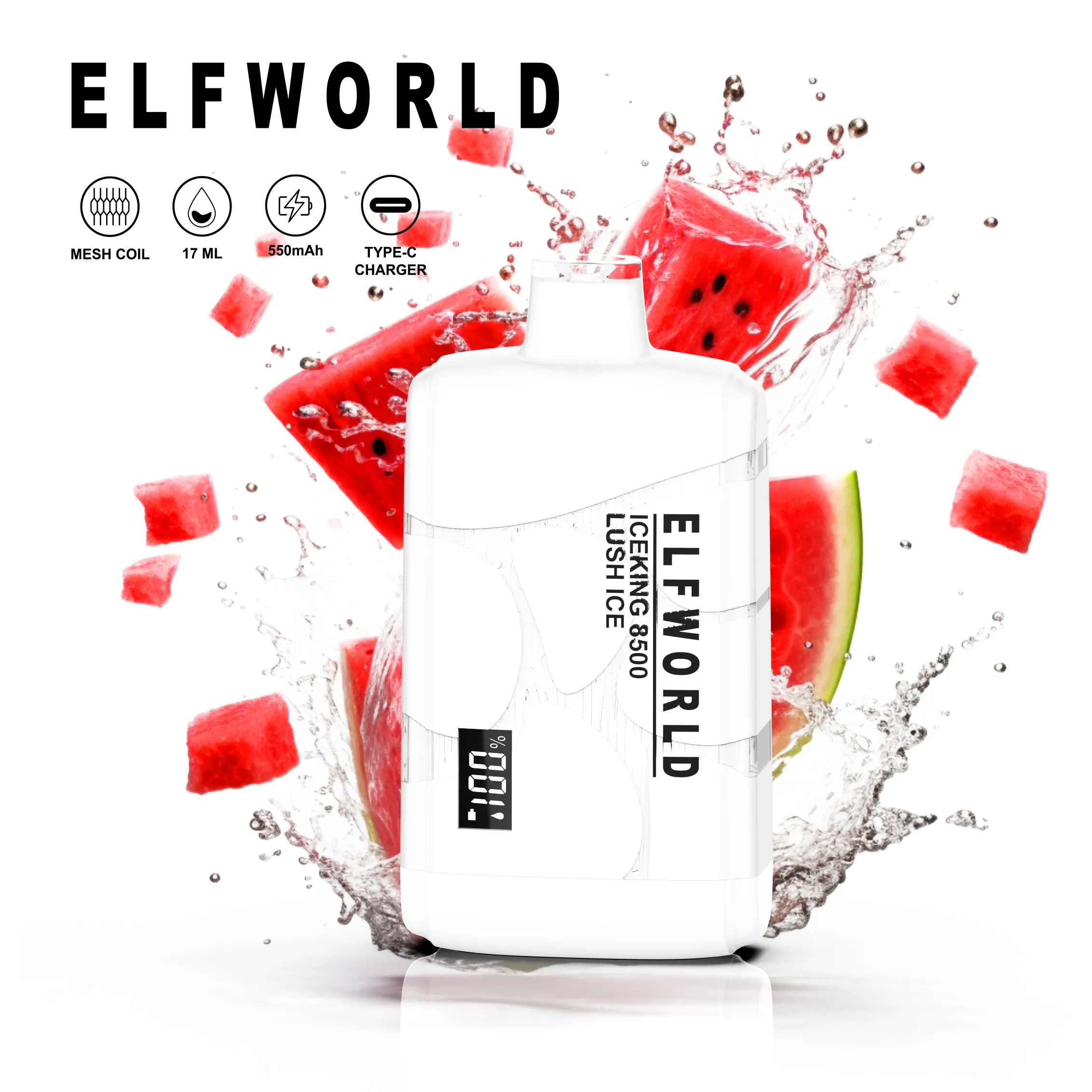 Original Elf World IceKing 8500 17ml E Cigaretter 550mAh Uppladdningsbart batteri 8500 Puffs Strawberry Watermelon Blueberry Ice Disposable Vape