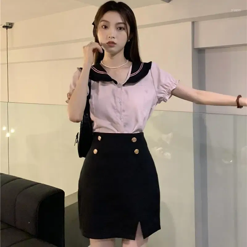 Work Dresses Summer Outfits For Women 2023 Harajuku Korean Fashion Friends Outfit Sweet Vintage Kawaii Button Striped Navy Skirt Sets