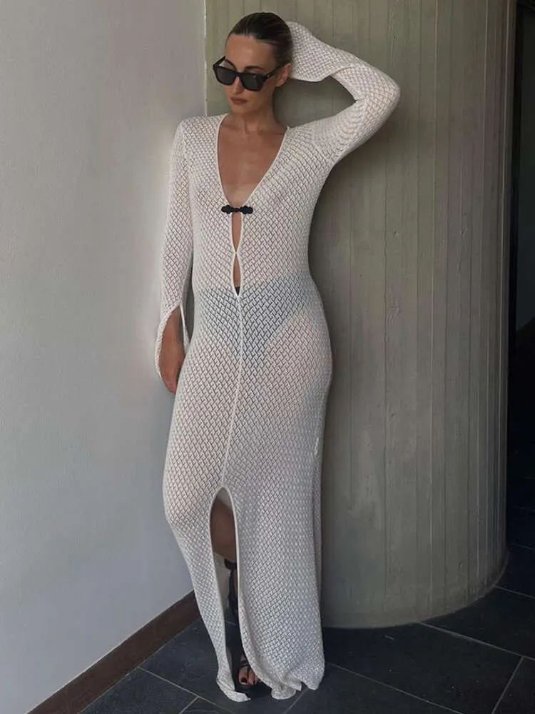 Robe de plage d'été femmes à manches longues évider Sexy Maxi robes Femme blanc col en V fendu étage robes