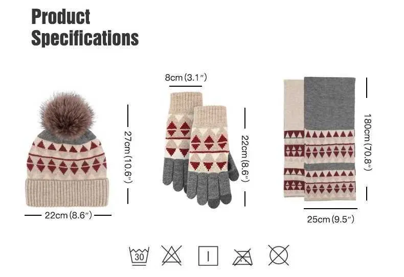 Charmingjolly Fashion Winter Knitted Gloves Scarves Hats Three Piece Set Wool Warm and Cold Resistant Pompom Beanie Hat High-end Design Suit Free Shipping