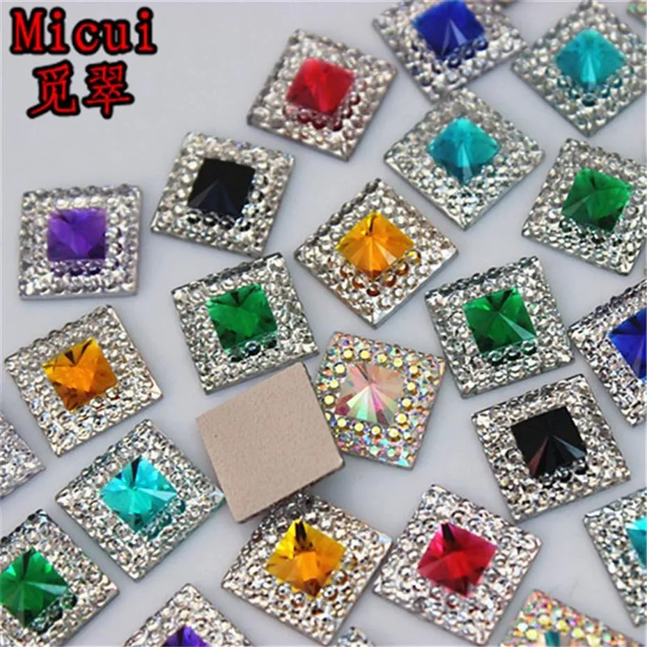 Micui 200pcs 10mm Double color Square Resin Rhinestone Crystal Stone beads flatback For DIY Wedding Decoration ZZ753259s