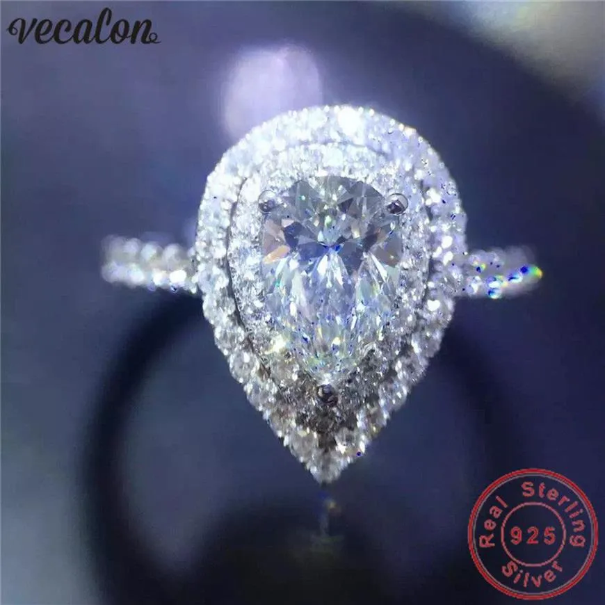 Vecalon Anillo de promesa de gota de agua Anillo de compromiso de plata de ley 925 Anillos de boda de diamante con corte de pera para mujer Jewelry229L