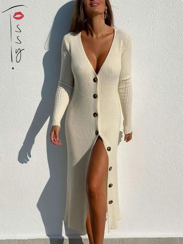 Frühling Neue Gestrickte Pullover V-ausschnitt Langarm Bodycon Midi Kleid Strickjacke Strickwaren Damen Casual Weiße Kleider