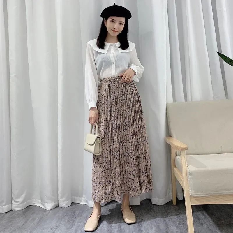 Skirts Summer Korean Elastic High Waist Slim Retro Floral Long Skirt All-match Casual Women A-line Pleated