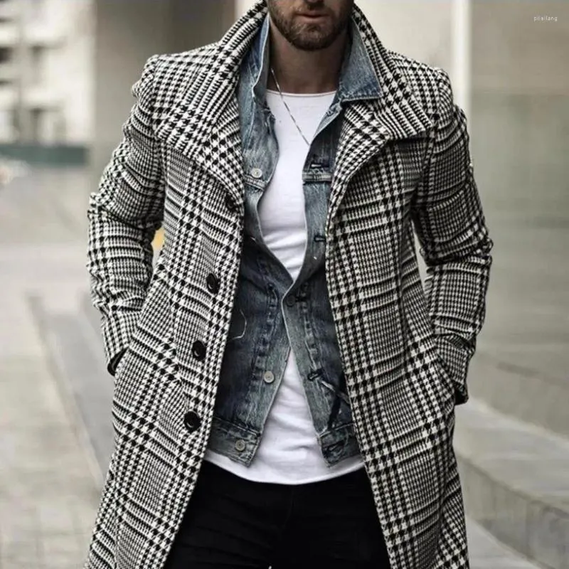 Men's Trench Coats Men Windbreaker Washable Checkered Single Breasted Medium Length Super Soft Coat For Daily Wear