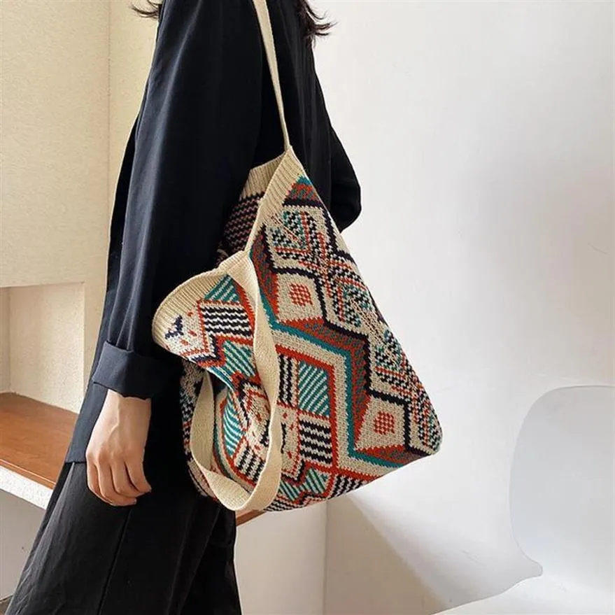 Kvällspåsar Lady Knitting Gypsy Bohemian Boho Chic Aztec Tote Bag Women virkning ull öppen shoppare topphandtag 2021Female Daily H318L