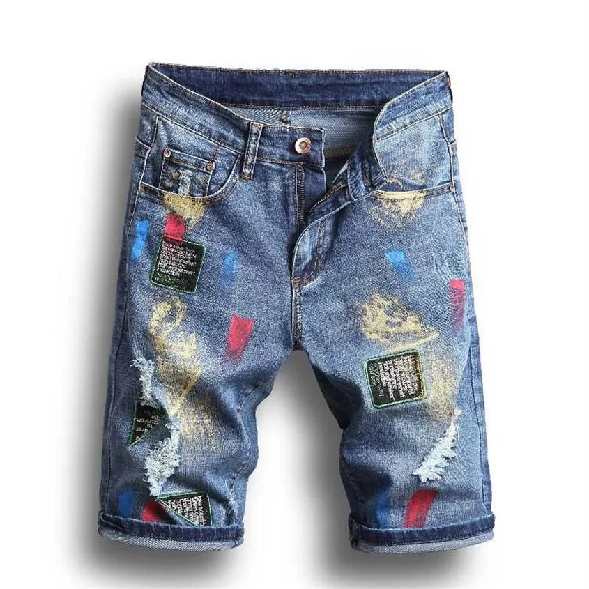 QNPQYX New Men Short jeans Updated Painting biker jeans Shorts Pants Skinny Ripped holes Men's Denim Shorts men Designer jean2507